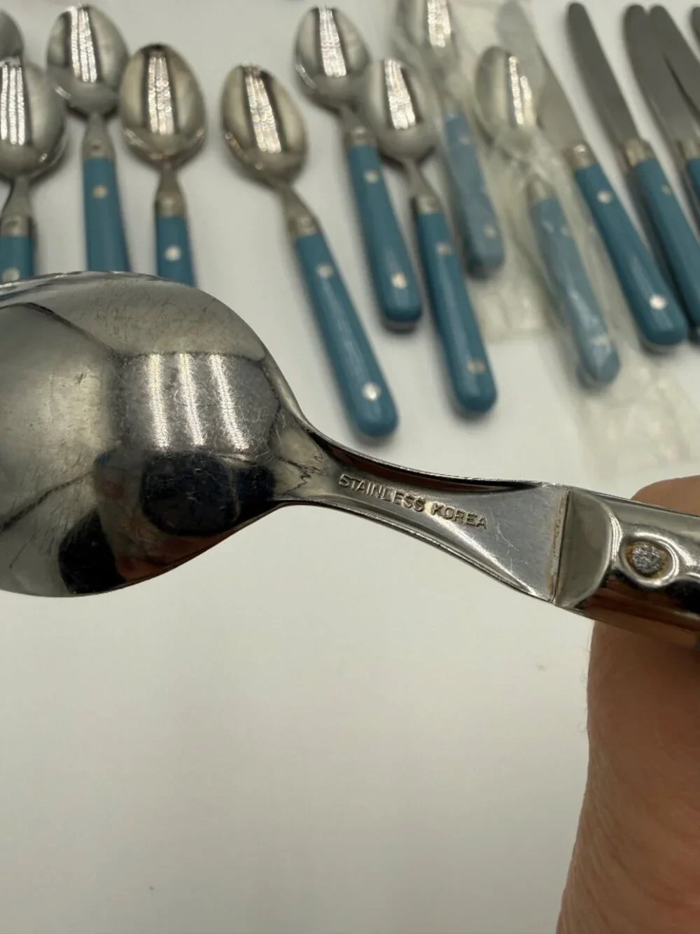 Vintage Stainless Steel Flatware Set Blue Handles 42Pcs Made Korea Cottagecore